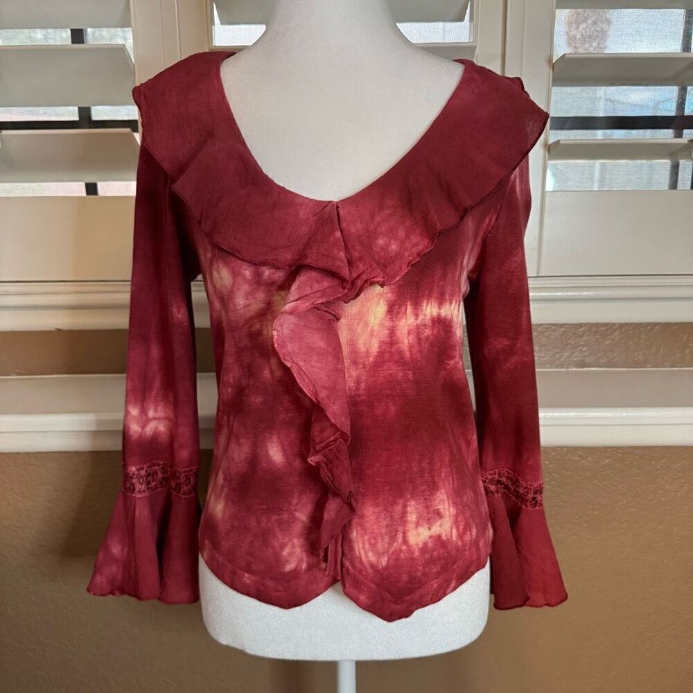 Y2K Younique Women's M Bell Sleeve Ruffled Peasant Top Red Tie Dye Hippie Boho